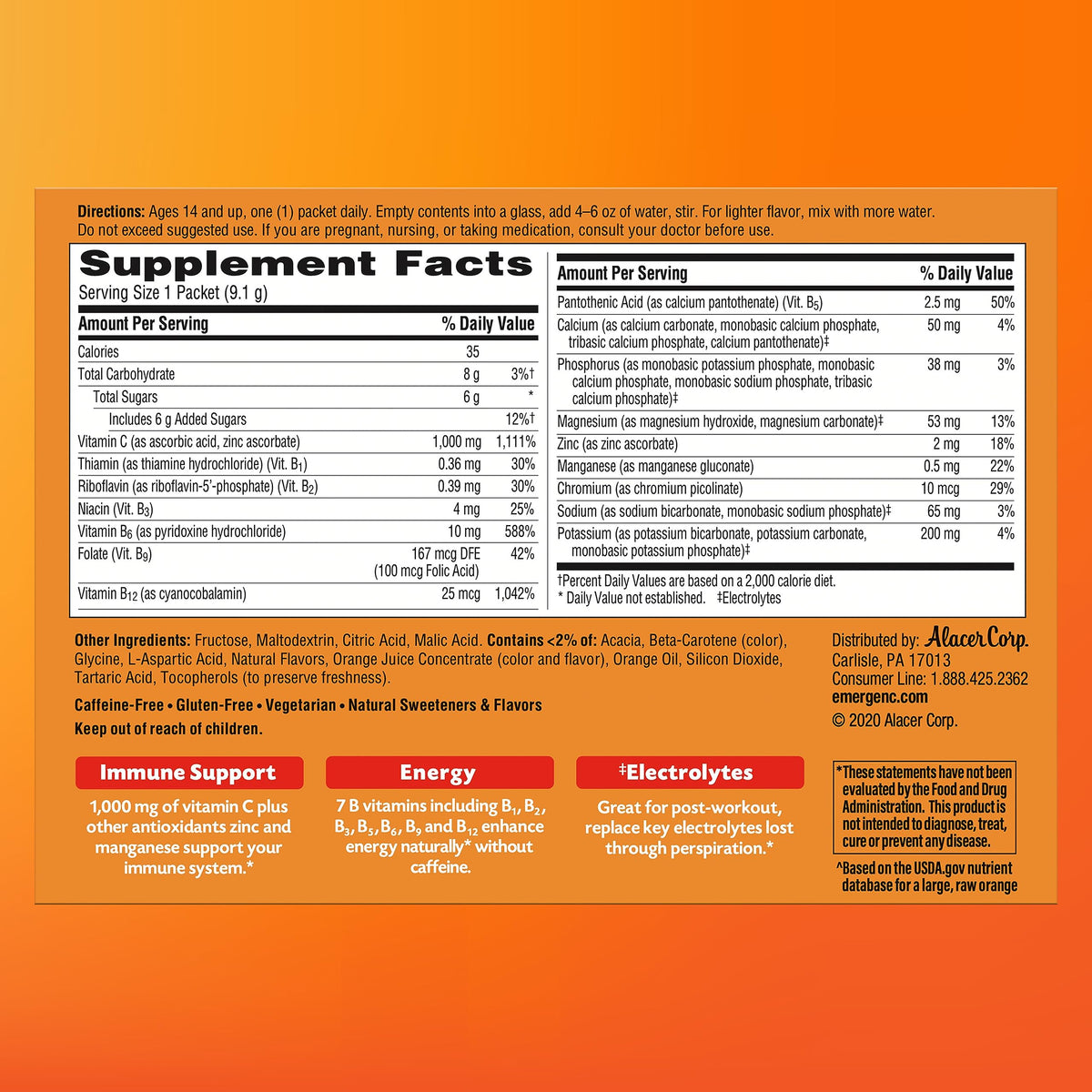 Emergen-C 1000mg Vitamin C Powder for Daily Immune Support Caffeine Free Vitamin C Supplements with Zinc and Manganese, B Vitamins and Electrolytes, Super Orange Flavor - 90 Count/3 Month Supply