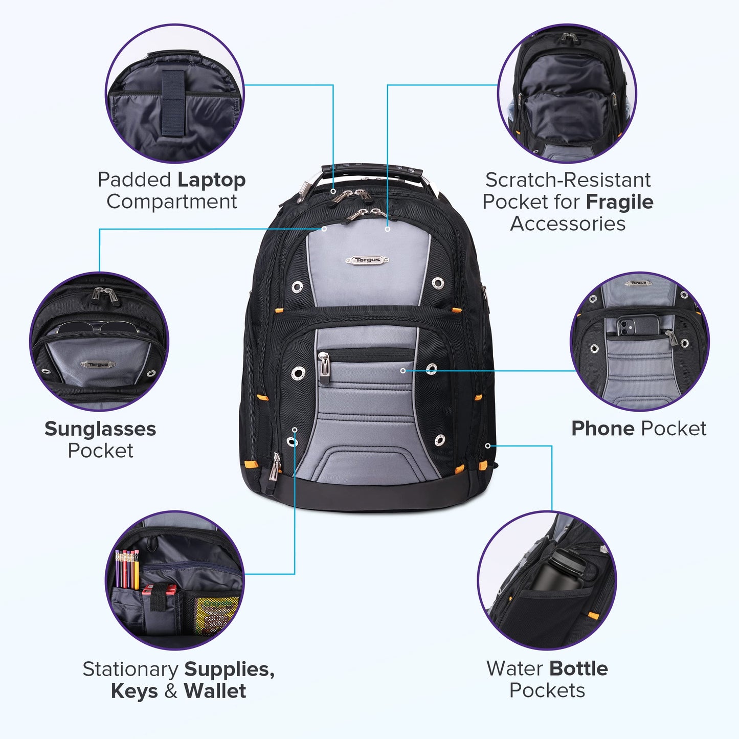 Targus Drifter II Laptop Backpack, Black/Gray – Backpack for Men for Business and Travel, Durable Water-Resistant Material, Fits up to 17" Laptops (TSB239US)