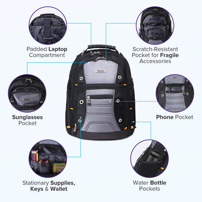 Targus Drifter II Laptop Backpack, Black/Gray – Backpack for Men for Business and Travel, Durable Water-Resistant Material, Fits up to 17" Laptops (TSB239US)