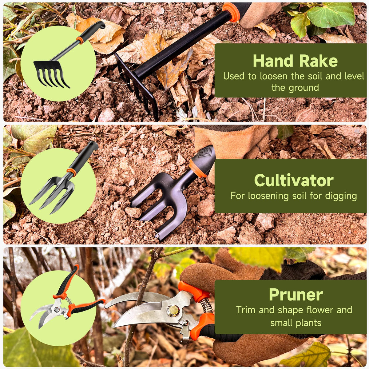 LEDERA Garden Tool Set 10Pcs, Heavy Duty Gardening Tool Set, with Non-Slip Rubber Grip, Durable Garden Tools Organizer Handbag, Outdoor Hand Tools, Ideal Gardening Tool Kit Gifts for Women and Men