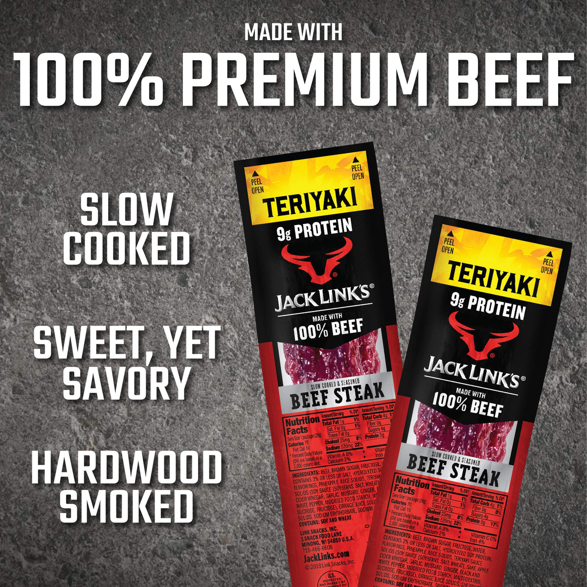 Jack Link's Beef Steak, Teriyaki – Protein Snacks, Meat Snack with 9g of Protein, Made with 100% Beef, Individually Wrapped Bulk Snack Pack, Keto Friendly – 1 Oz. (12 Count)