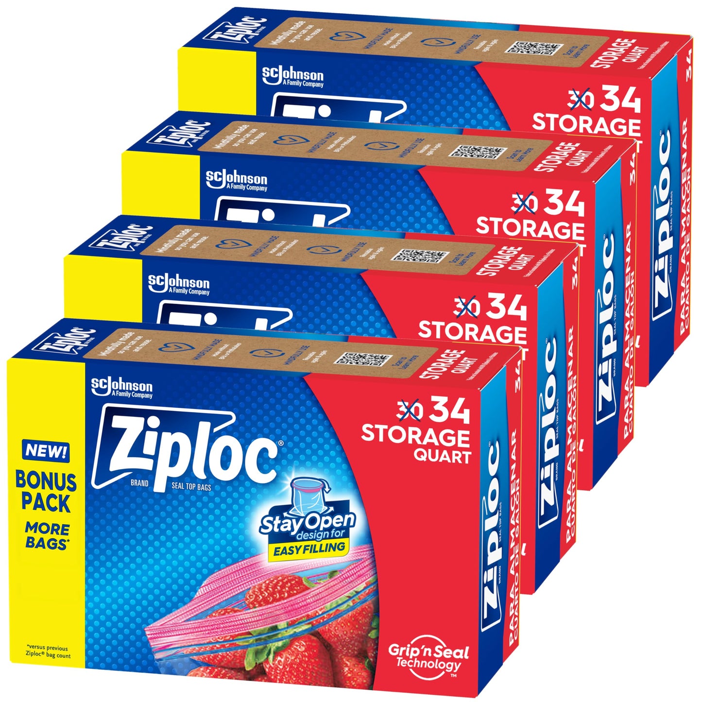 Ziploc Quart Food Storage Bags, Stay Open Design with Stand-Up Bottom, Easy to Fill, 136 Count
