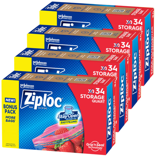 Ziploc Quart Food Storage Bags, Stay Open Design with Stand-Up Bottom, Easy to Fill, 136 Count