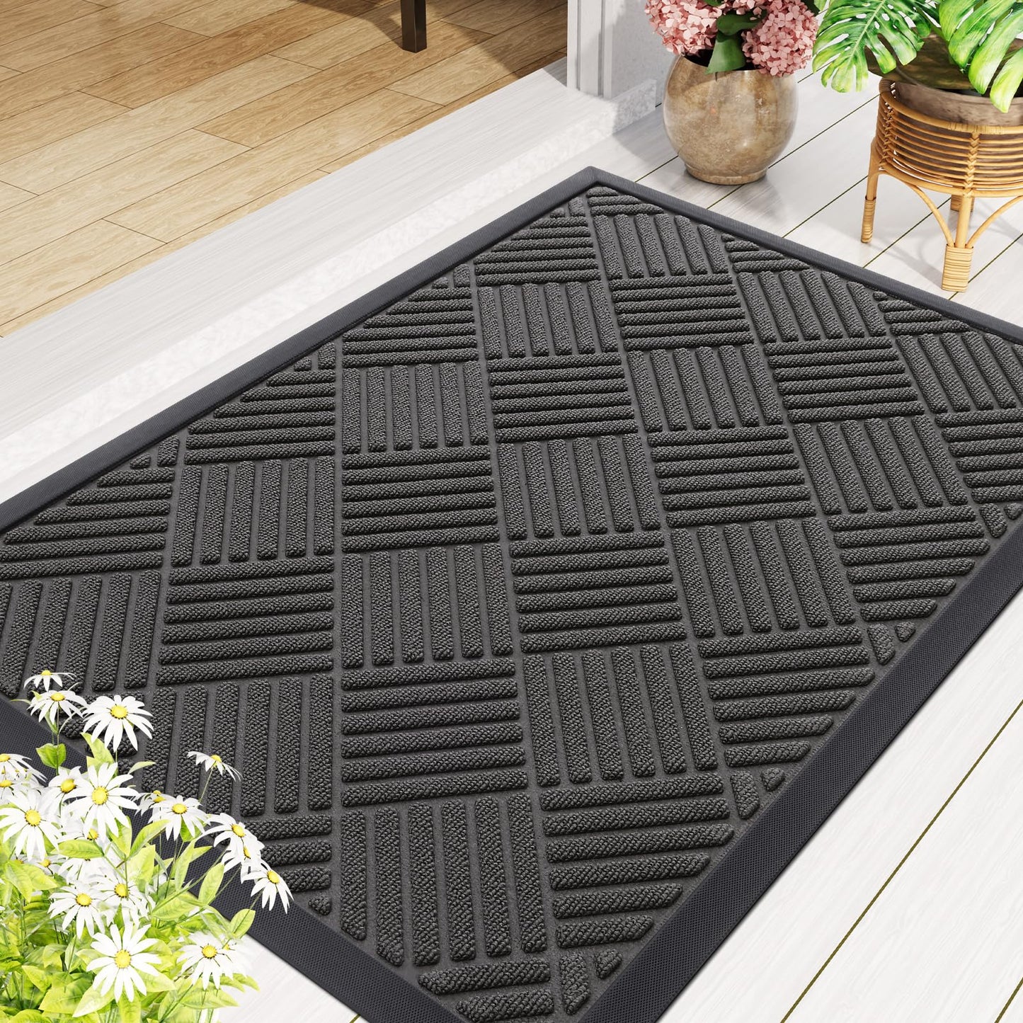 Smiry Front Door Mat Outside Entrance, Heavy Duty Outdoor Indoor Natural Rubber Doormat, Non Slip, Trap Dirt and Moisture, Easy Clean, Low Profile Patio Porch Entryway Mat, 29.5x17, Grey