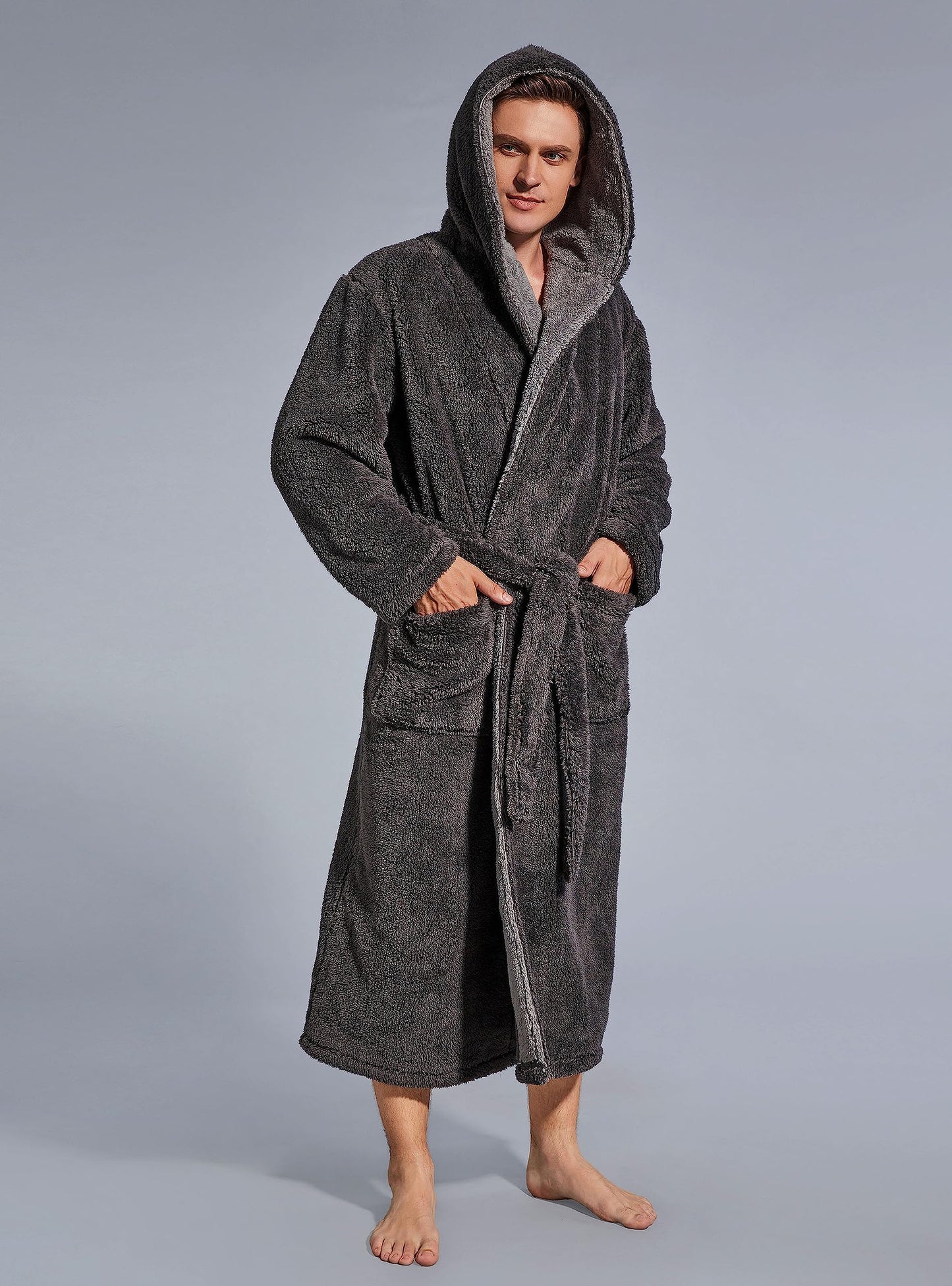 SlumberMee Mens Fleece Plush Robe with Hood Ultra Soft Fluffy Full Length Long with Pockets Luxurious House Coat (Dark Grey, XL)