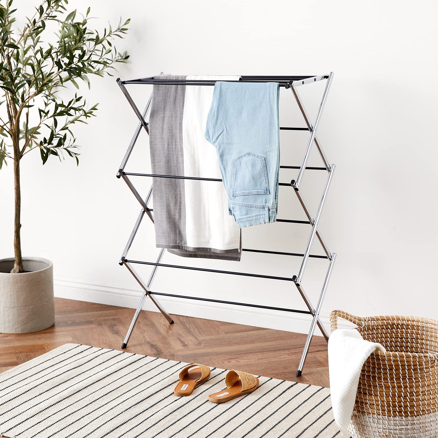 Amazon Basics Foldable Portable Laundry Drying Rack for Indoor Air Drying Clothing, 14.5 x 29.5 x 41.8 inches (LxWxH), Chrome Silver