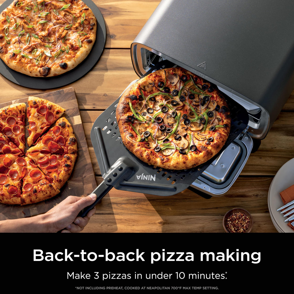 Ninja Artisan Outdoor Pizza Oven, 12-inch, 3-minute Pizza, Neapolitan, Thin Crust, New York Chicago, Custom, 700F Max Temperature, Electric Heat, Bake, Broil, Proof, Warm, MO201