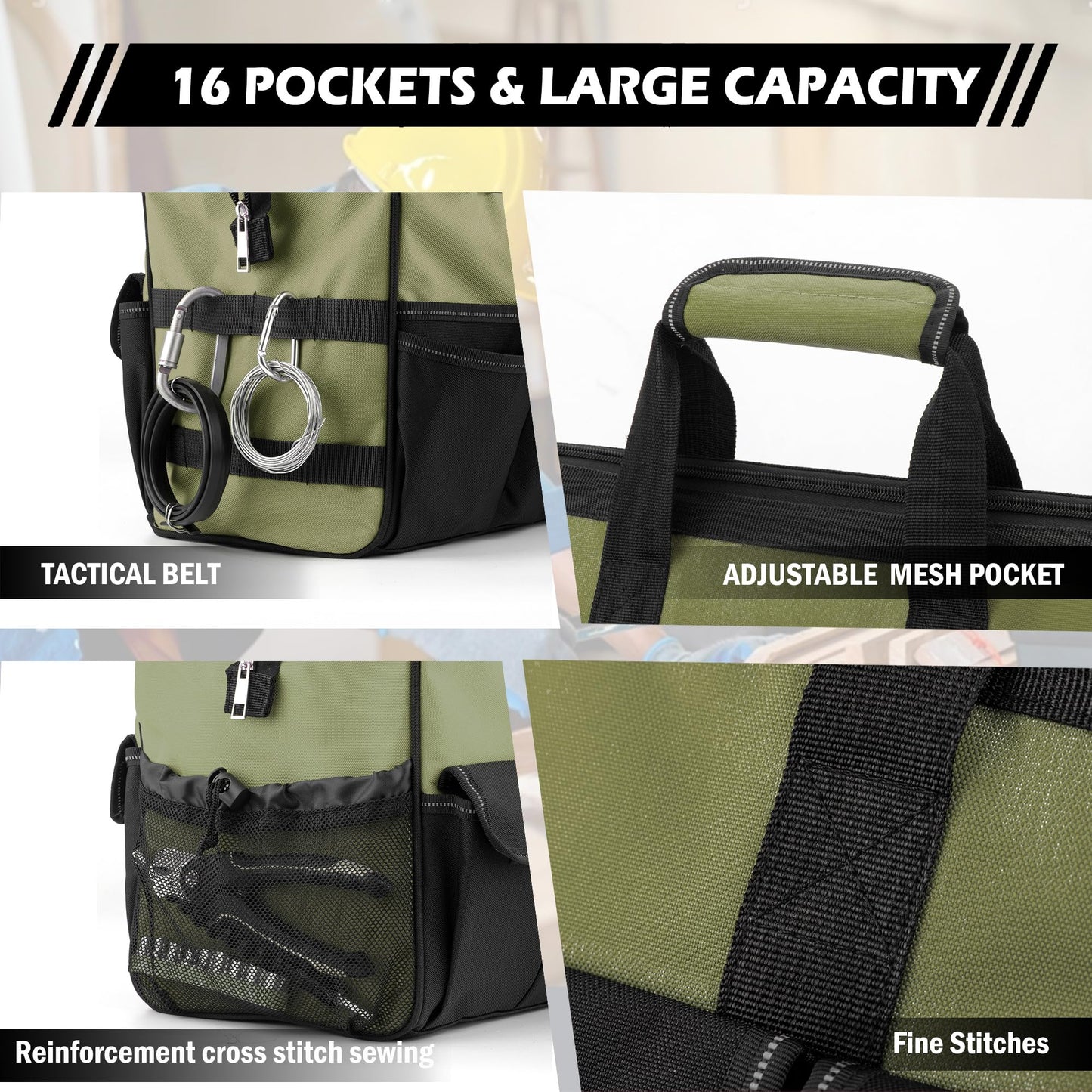Heavy Duty Tool Bag, 15 Inch Portable Tool Organizer with Adjustable Shoulder Strap, Tactical Tool Tote with Large Zipper Storage