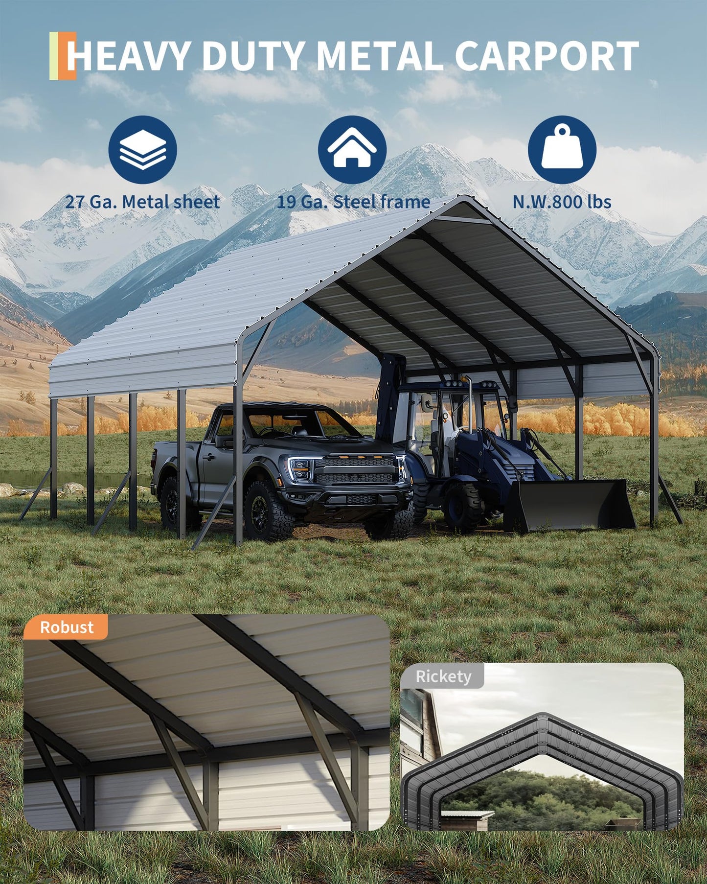 Garveelife 20'x20'x13' Metal Carport for 2 Cars, Heavy Duty Steel Frame for All Weather, Permanent Shelter for Boats, Full-Sized Pickup Trucks, and Tractors, N.W. 800 Lbs