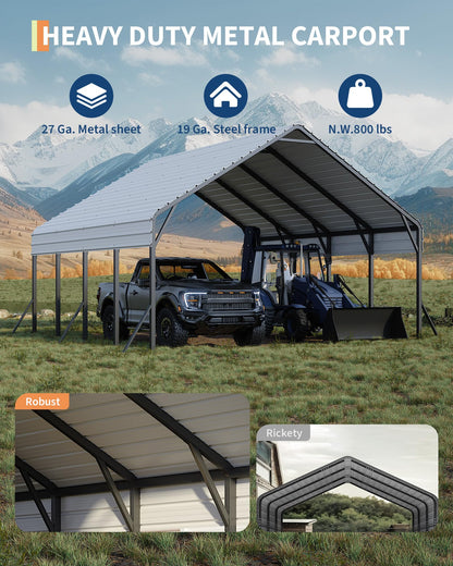 Garveelife 20'x20'x13' Metal Carport for 2 Cars, Heavy Duty Steel Frame for All Weather, Permanent Shelter for Boats, Full-Sized Pickup Trucks, and Tractors, N.W. 800 Lbs