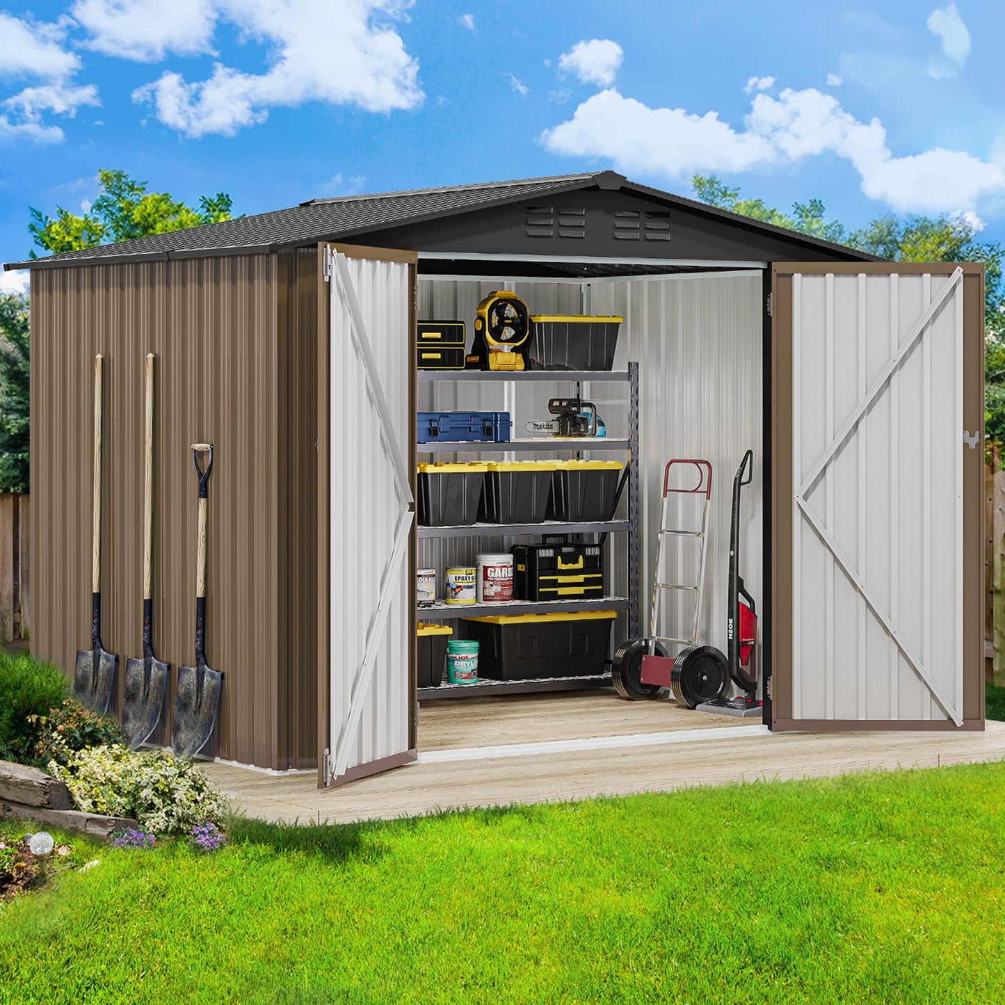 DWVO 8'x6' Large Metal Outdoor Storage Shed, Heavy Duty Tool Storage Sheds for Backyard Patio Lawn - Ideal for Bicycles, Garden Tools, and Lawn Equipment, Easy-to-Assemble, Brown