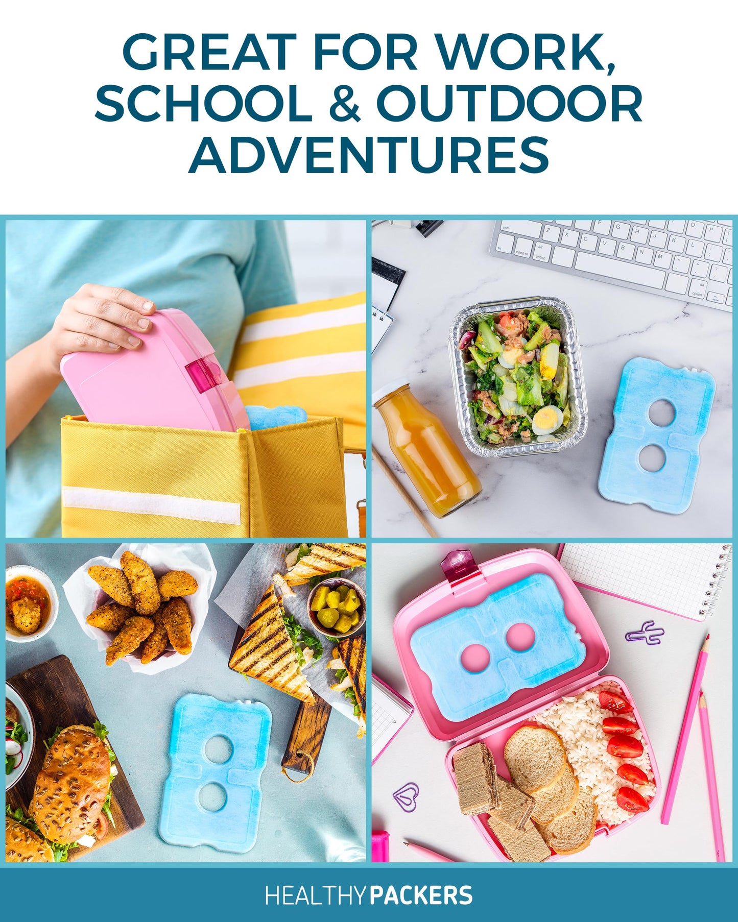 Healthy Packers Ice Packs for Lunch Boxes & Coolers - Freezer Packs - Original Cool Pack | Cooler Accessories for Beach, Camping & Fishing | Slim & Long-Lasting Reusable Ice Pack for Cooler (Set of 4)