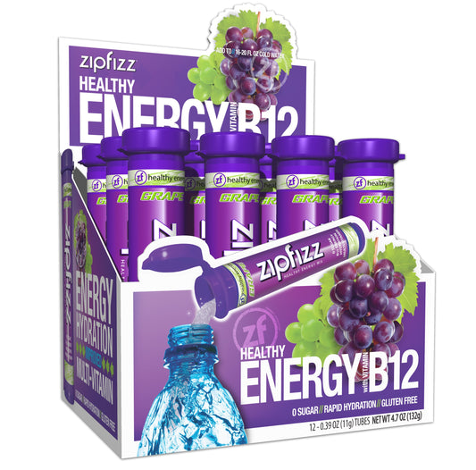 Zipfizz Daily Energy Drink Powder, Grape, 12 Pack | 3-in-1 Sustained Energy, Rapid Hydration, and Essential Vitamins | Sugar-Free | Electrolyte Powder | Contains Vitamin B-12 & Antioxidants