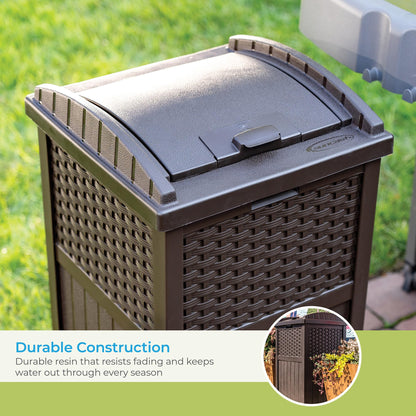 Suncast 33 Gallon Outdoor Trashcan Hideaway with Lid for 30 to 33 Gallon Trash Bags for Garage, Backyard, or Garden, Brown, Made in the USA