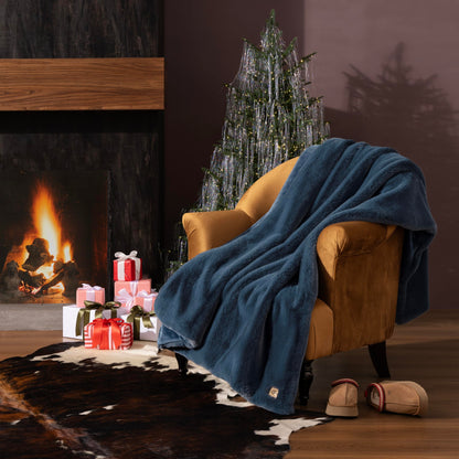 UGG Euphoria Plush Faux Fur Throw Blanket, Soft Warm Throw Blankets for Couch or Bed, Luxury Bedroom Decor, Giftable Holiday Blankets, Machine Washable, 50-inch x 70-inch, Indigo Blue