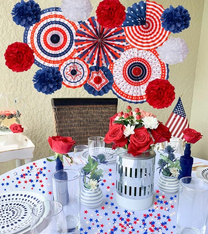 29PCS 4th/Fourth of July Patriotic Decorations Set - Red White Blue Paper Fans,USA Flag Pennant,Star Streamer,Pom Poms,Hanging Swirls Party Decor Supplies