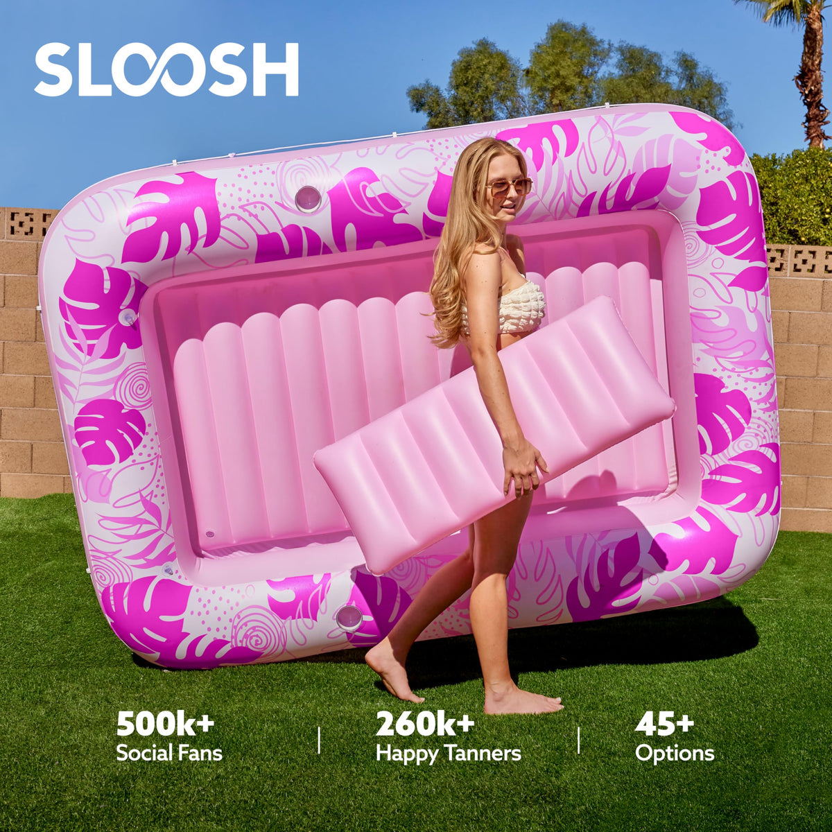 SLOOSH Inflatable Tanning Pool Lounger Float, 85" x 57" Extra Large Pool Floats Adult with Pillow, 4 in 1 Suntan Tub Raft Floatie,Sunbathing Bed Lounge Blow Up Ball Pit Party Gifts, XL-Hot Pink