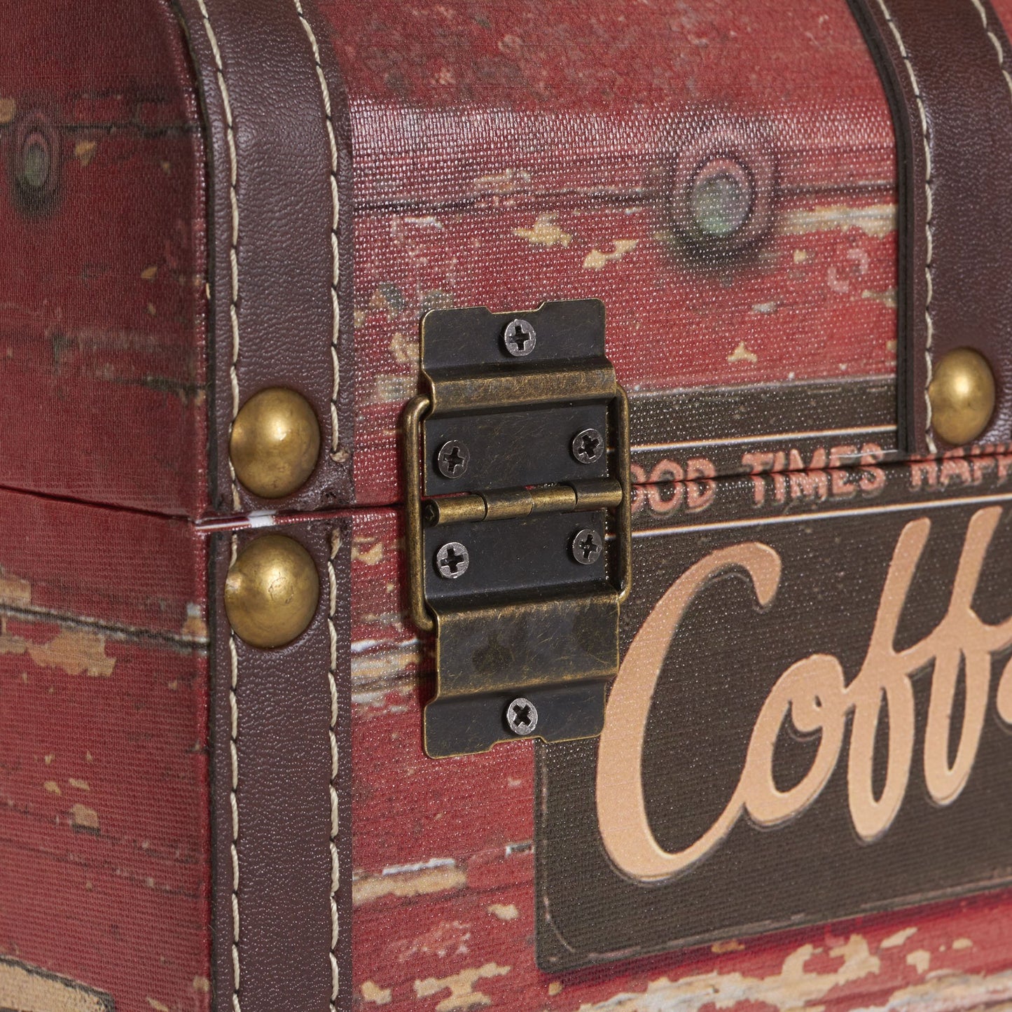 Household Essentials Medium Decorative Trunk, Coffee Shop Faux Decoupage, Antique Exterior, Leather and Metal Accents, Fabric Interior, Hinged Lid, Brown