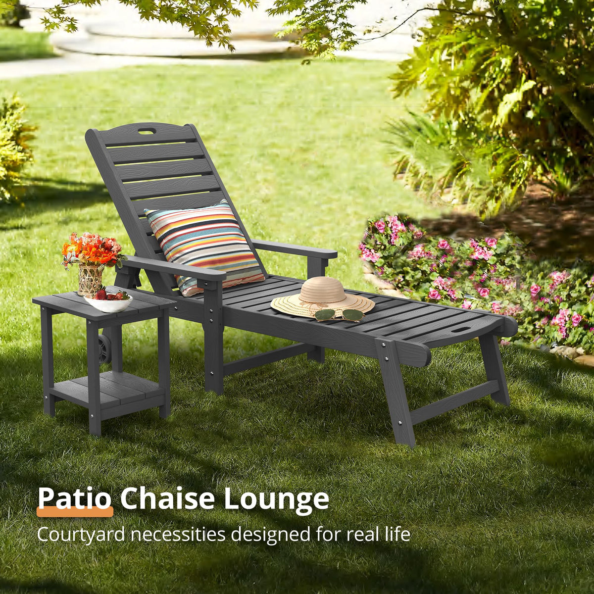 LUE BONA Chaise Lounge Chairs Set with Table, 3-Piece, 79'' Oversized HDPS Chaise Lounger, 5 Positions Adjustable Lounge Chairs, Pool Lounge Chair with Wheels for Poolside, 3 Year Warranty, Dark Gray