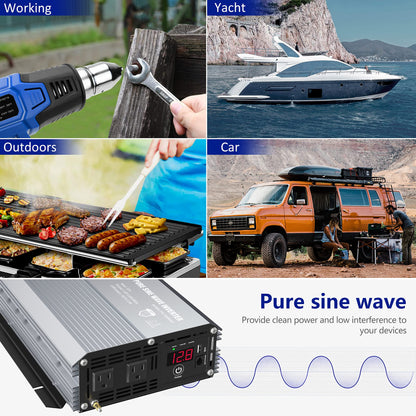 GIANDEL Power Inverter 1500W Pure Sine Wave DC 12V to AC 110V 120V with Dual AC Outlets & LED Dsiplay Remote Controller 2.4A USB Port for RVs Trucks Boats