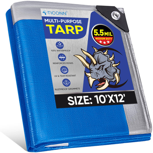 TICONN Heavy Duty Tarp Cover, Extra Thick Tarps Waterproof Tear and Rip Proof UV Resistant Tarpaulin with Reinforced Grommets and Edges (5.5 Mil, 10'x12')