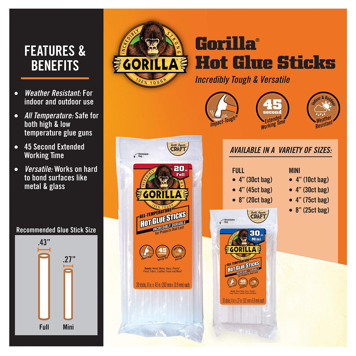 Gorilla Hot Glue Sticks, Clear Glue, Mini Size 4" Long x 0.27" Diameter, 75 Count (Pack of 2) - Safe for All Temperatures with Extended Working Time