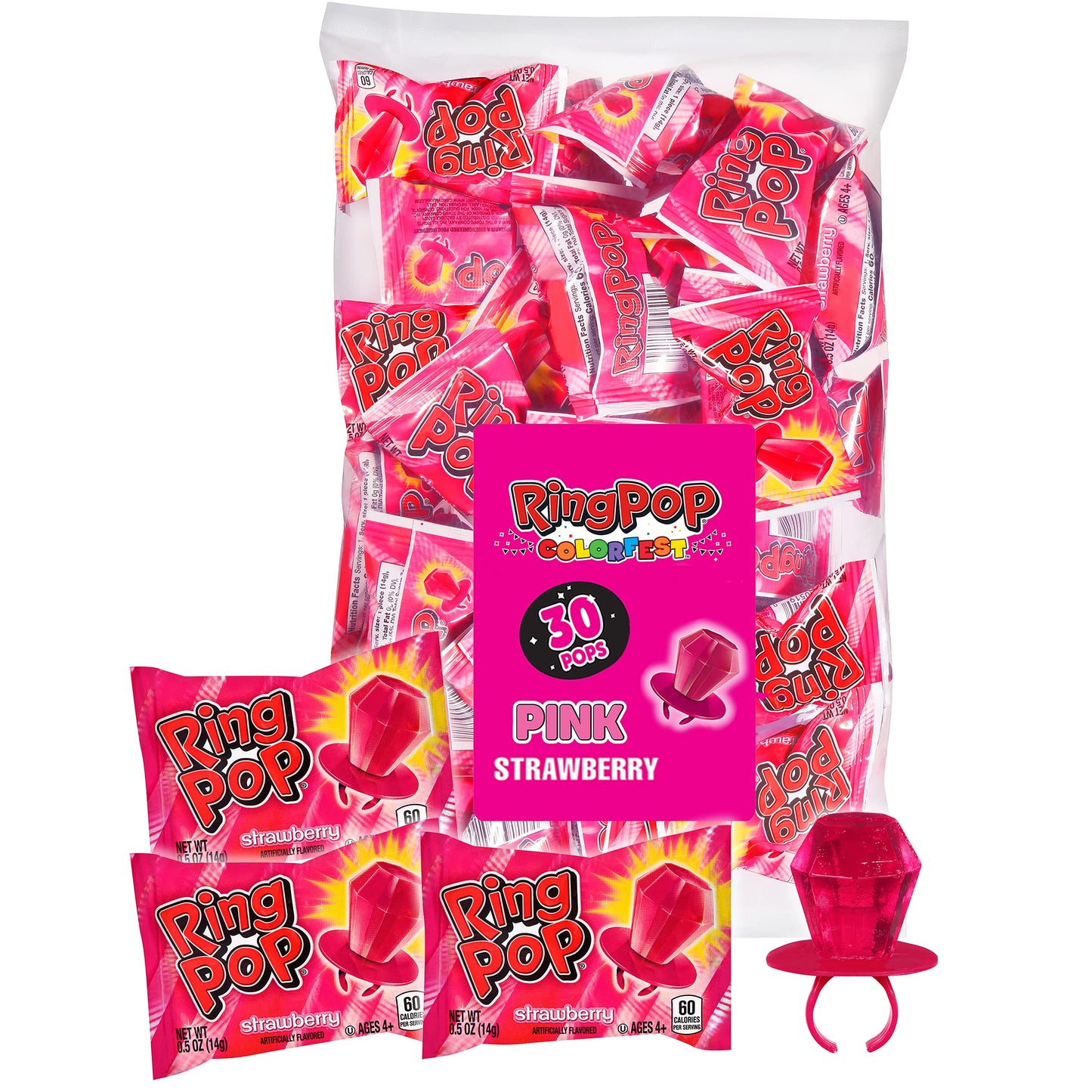 Ring Pop Pink Valentine's Candy, Individually Wrapped Pink Lollipops, Strawberry 30 Ct Bulk Suckers for Kids, Fun Candy for Gender Reveals, Valentine's Gifts, Goodie Bags, Party Favors