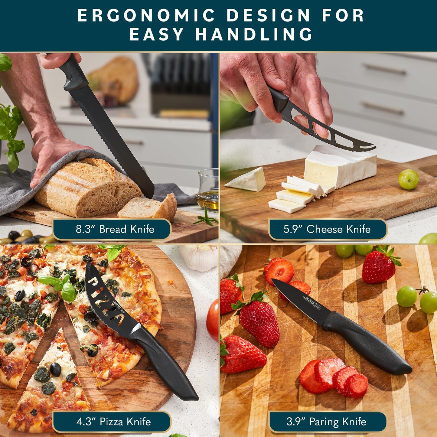 Home Hero Kitchen Knife Set with Sharpener - High Carbon Stainless Steel Knife Block Set with Ergonomic Handles (20 Pcs - Acrylic Black)