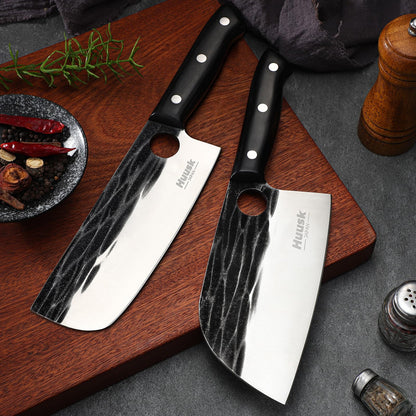 Huusk Knives Set, Serbian Chef Knife Set with Bag, Japanese Kitchen Knives Set, Hand Forged High Carbon Steel Knife Set, Full Tang Knives with Ebony Handle, Butcher Knife Set for Dad, Gif for Men
