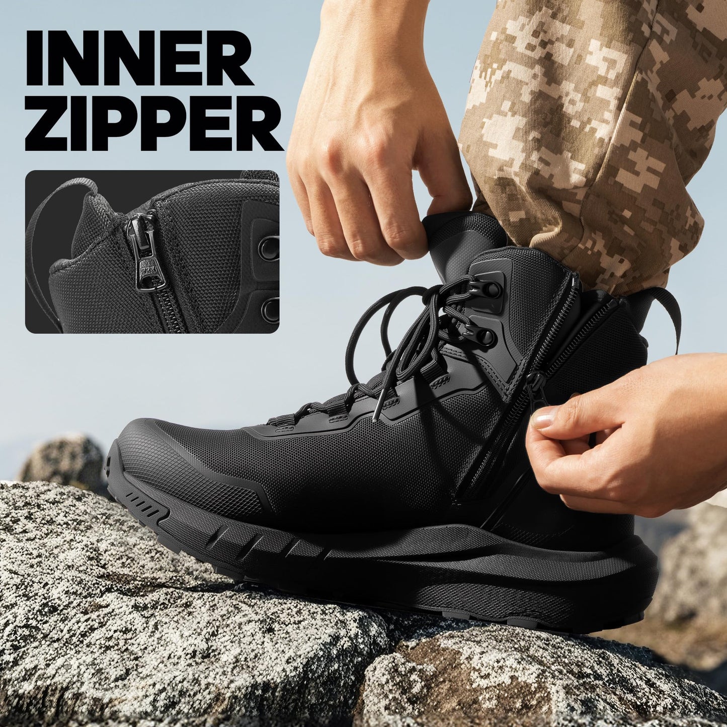 NORTIV 8 Men's Tactical Hiking Boot Lightweight Cushion Sole Boots for Work All Day Side Zipper Motorcycle Combat Military Boot Arch Support 8 Inches Terrascope,Size 9.5,Black,NMUMMT2503