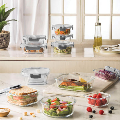 FineDine 24 Piece Glass Storage Containers with Lids - Airtight, Leak Proof, Dishwasher Safe, Glass Tupper Ware Sets with Lids, Food Storage Containers, Meal Prep Containers, Gray