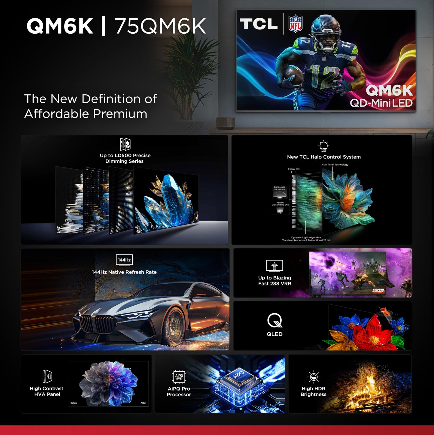 TCL 75-Inch QM6K QLED 4K Smart QD-Mini LED TV with Google TV (75QM6K, 2025 Model) Dolby Vision IQ, Dolby Atmos, HDR, Game Accelerator up to 288Hz, Voice Remote, Works with Alexa, Streaming Television