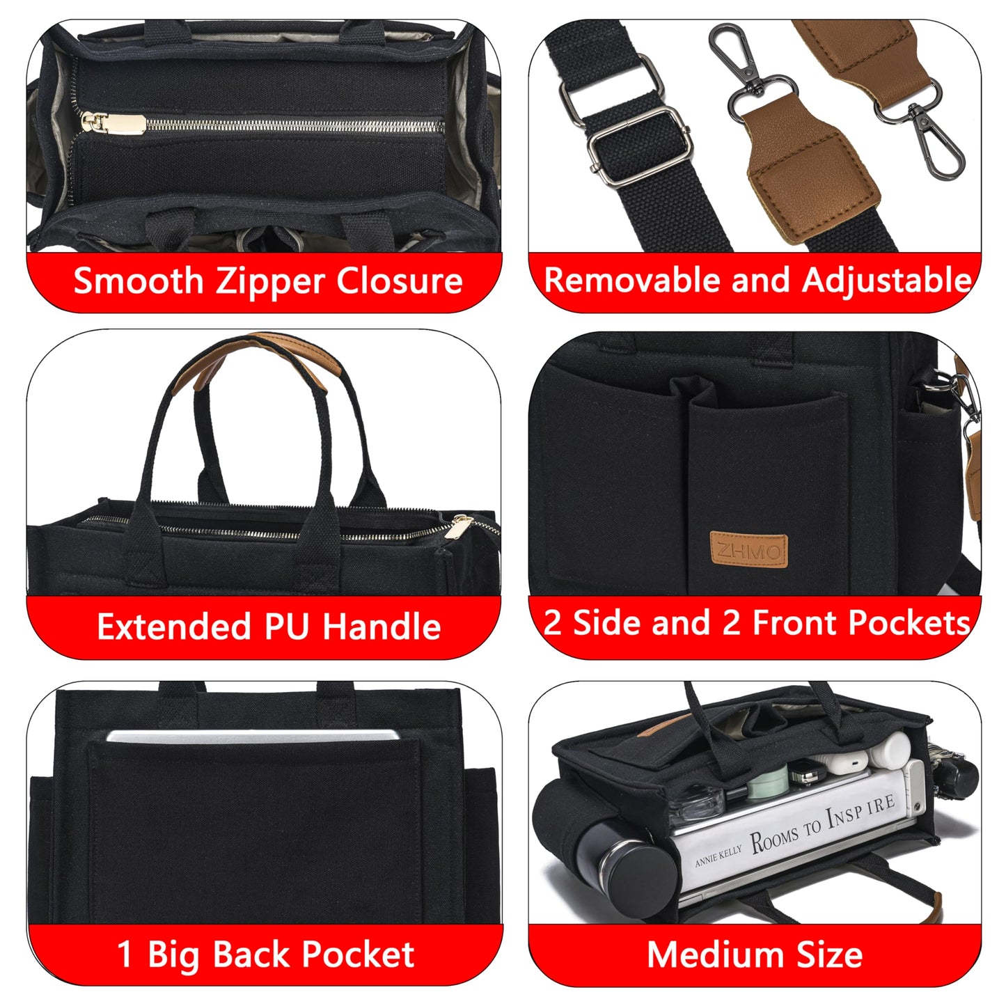 ZHMO Canvas Tote Bag for Women With Compartments and Zipper,Black Women's Bags Crossbody Bags Work Laptop Tote Bag Large Satchels Handbag Tote Purse Everyday Shoulder Bag for Travel Nurse Teacher Gift