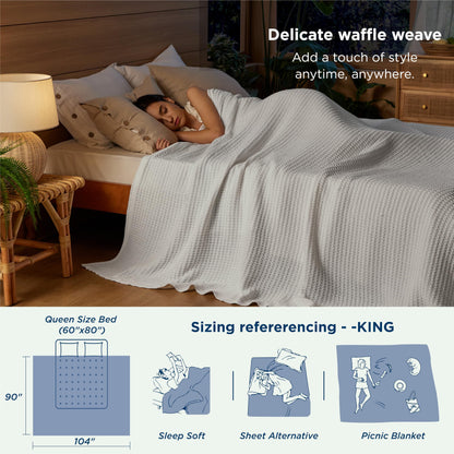 Bedsure 100% Cotton Blanket King Size for Bed - Breathable and Soft, Waffle Weave Blanket for Summer Spring, White, 104x90 inches
