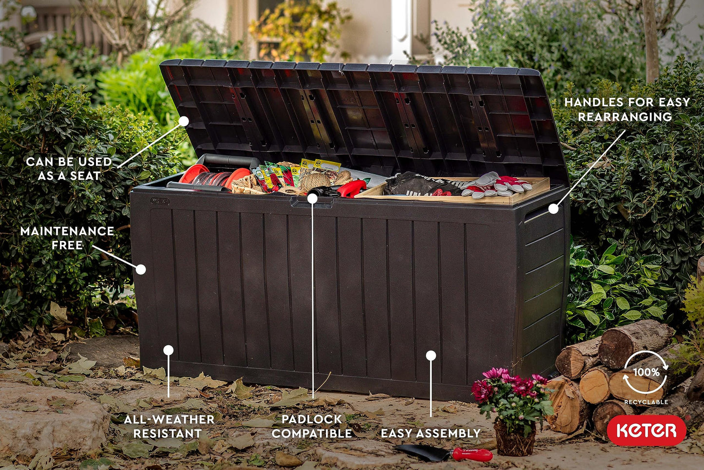 Keter Marvel Plus 71 Gallon Resin Outdoor Storage Box for Patio Storage Box Cushions, Throw Pillows, Garden Tools and Pool Floats, Brown