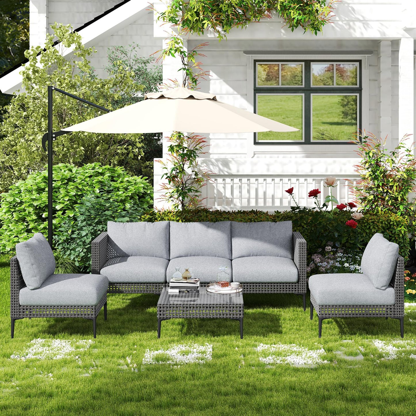 Jocoevol Outdoor Patio Sofa Conversation Set–Rattan 5 Seats Comfortable Couch for Garden, Yard, Weatherproof–Includes Glass Table, Armless Chairs, and Three-Seater Sofa