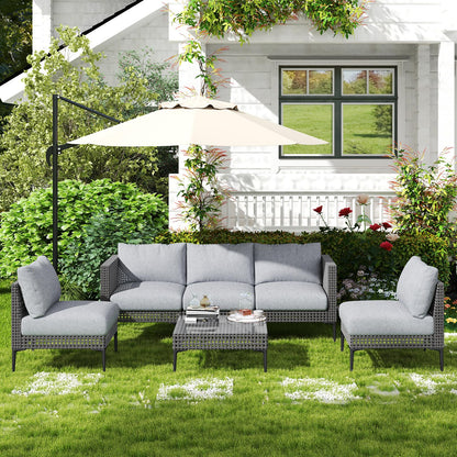 Jocoevol Outdoor Patio Sofa Conversation Set–Rattan 5 Seats Comfortable Couch for Garden, Yard, Weatherproof–Includes Glass Table, Armless Chairs, and Three-Seater Sofa