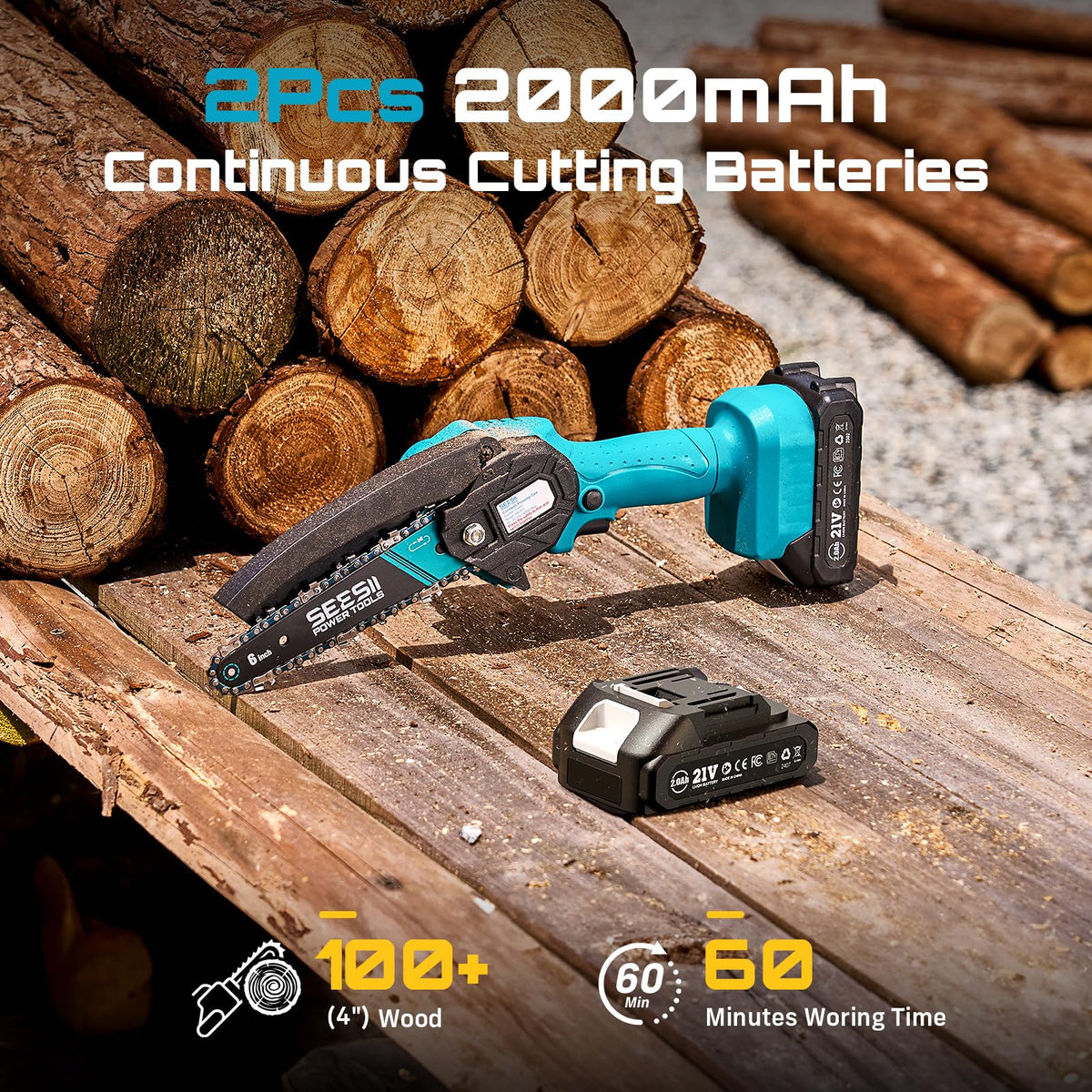 Seesii Mini Chainsaw, 6-inch Mini Chainsaw Cordless, Handheld Electric Power Chain Saw with 2 Batteries, for Tree Trimming Wood Cutting, Best Gifts for Father, Dad, Husband, Men