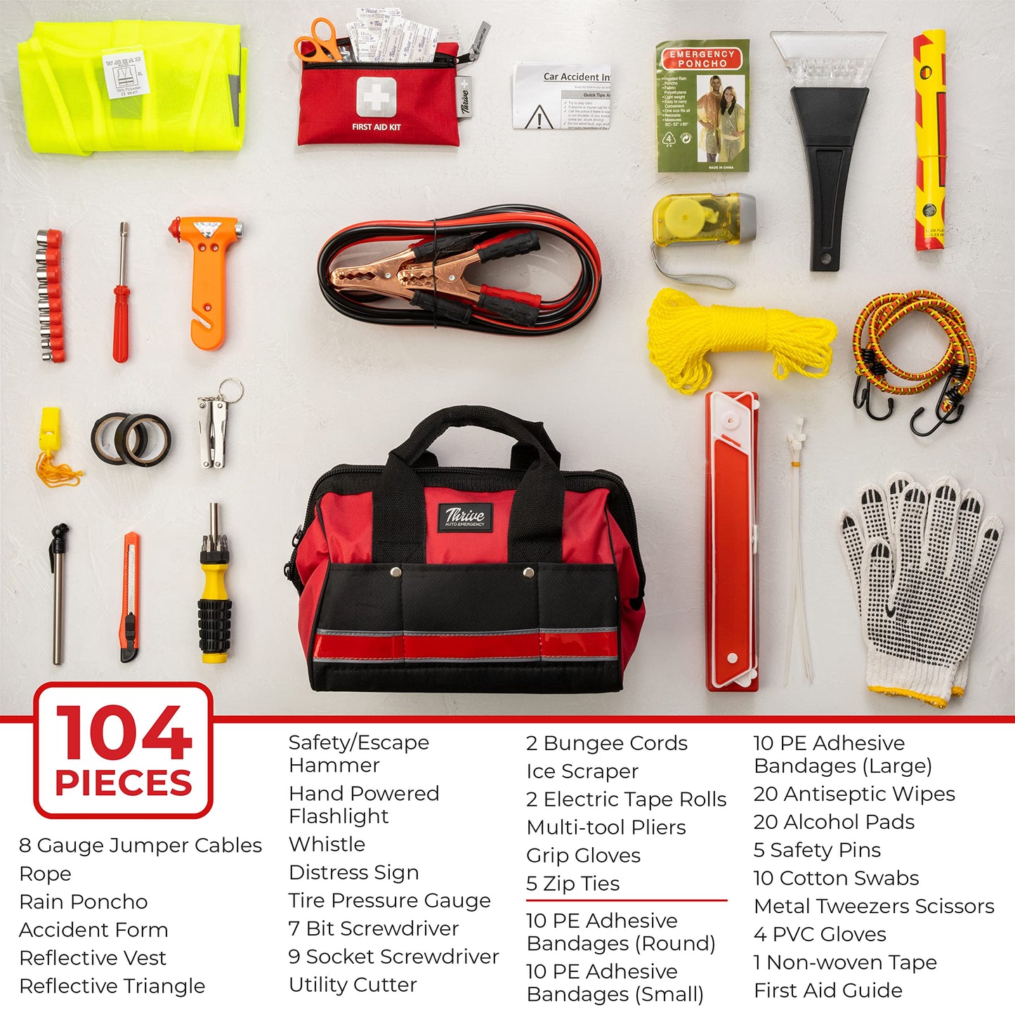 Thrive Car Emergency Kit & Roadside Emergency Car Kit - 104-Piece Set, Red Canvas Bag, Universal Fit - Jumper Cables, Escape Hammer & Tire Gauge - Road Trip Essentials & Emergency Supplies