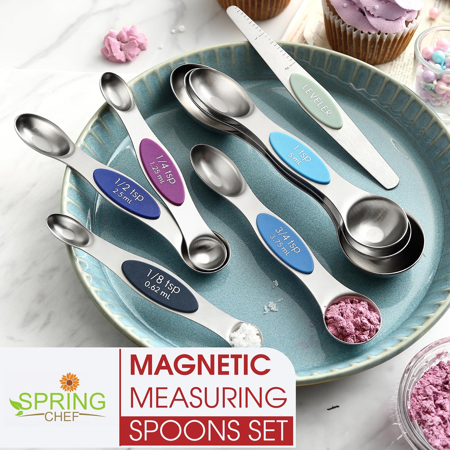 Spring Chef Stainless Steel Magnetic Measuring Spoons Set of 8 with Leveler, Dual Sided Metal Teaspoon & Tablespoon Measuring Spoons, Nesting Kitchen Gadgets for Baking & Cooking - Winter Frost