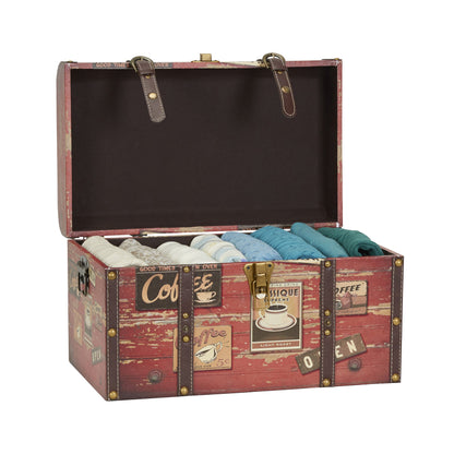 Household Essentials Medium Decorative Trunk, Coffee Shop Faux Decoupage, Antique Exterior, Leather and Metal Accents, Fabric Interior, Hinged Lid, Brown