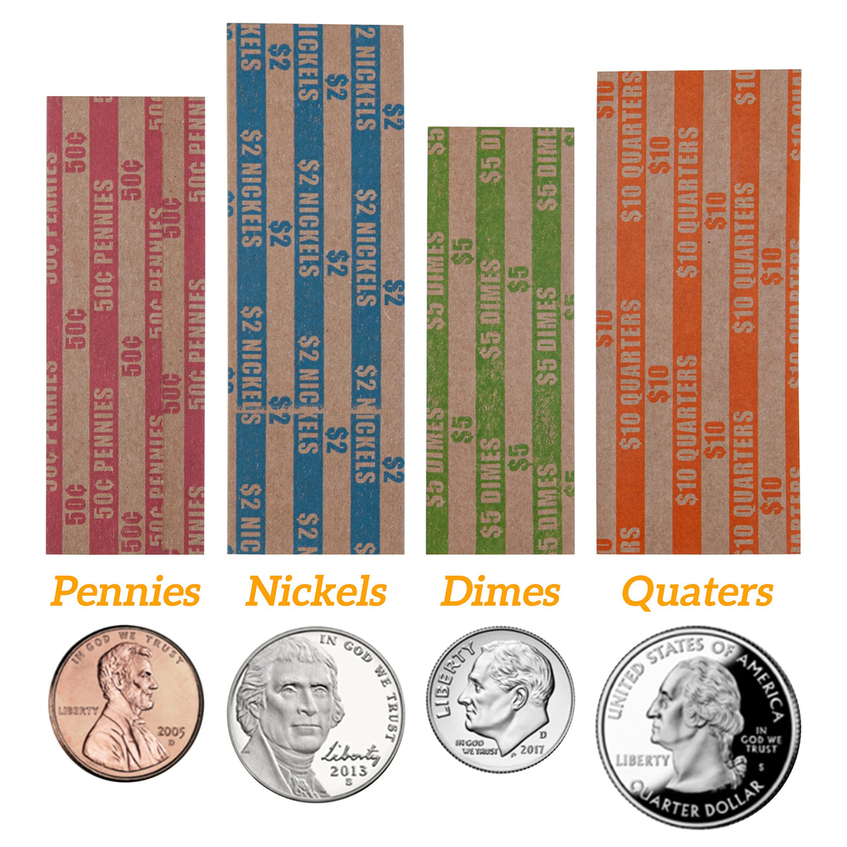 DGBDPACK 125 Assorted Flat Coin Wrappers, 25 Dimes, 25 Nickels, 25 Pennies, 50 Quarters Convenient Pack
