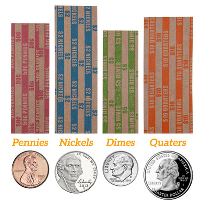 DGBDPACK 125 Assorted Flat Coin Wrappers, 25 Dimes, 25 Nickels, 25 Pennies, 50 Quarters Convenient Pack