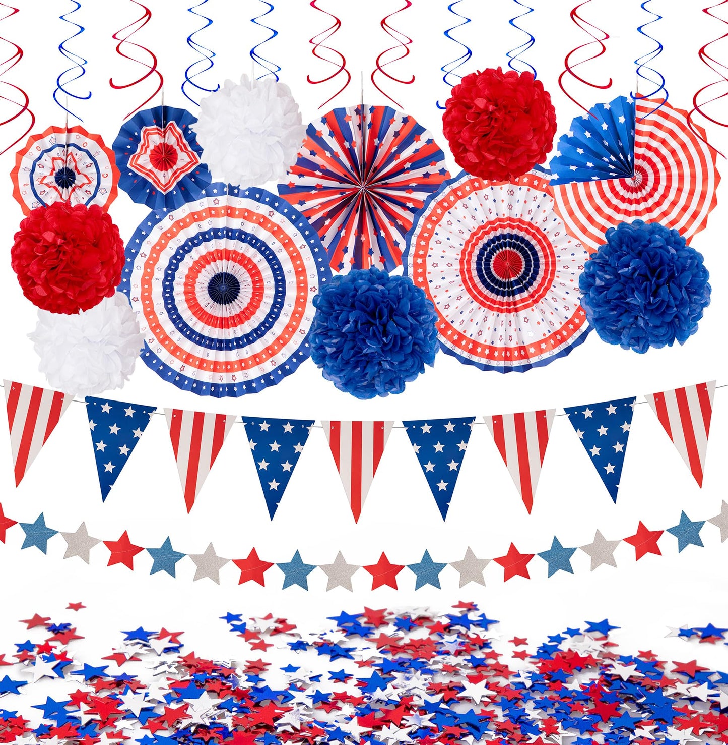 29PCS 4th/Fourth of July Patriotic Decorations Set - Red White Blue Paper Fans,USA Flag Pennant,Star Streamer,Pom Poms,Hanging Swirls Party Decor Supplies