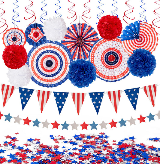 29PCS 4th/Fourth of July Patriotic Decorations Set - Red White Blue Paper Fans,USA Flag Pennant,Star Streamer,Pom Poms,Hanging Swirls Party Decor Supplies