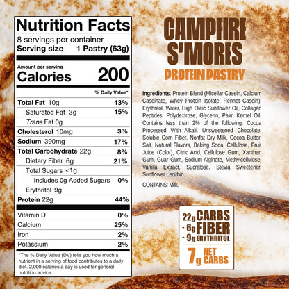 Legendary Foods 22g Protein Pastry+ S'mores Low Carb Meal Replacement Bar - Low Glycemic, Gluten Free Protien Snacks - Healthy Keto Snack Box, 8x Zero Sugar Energy Bars - Bariatric Diabetic Friendly