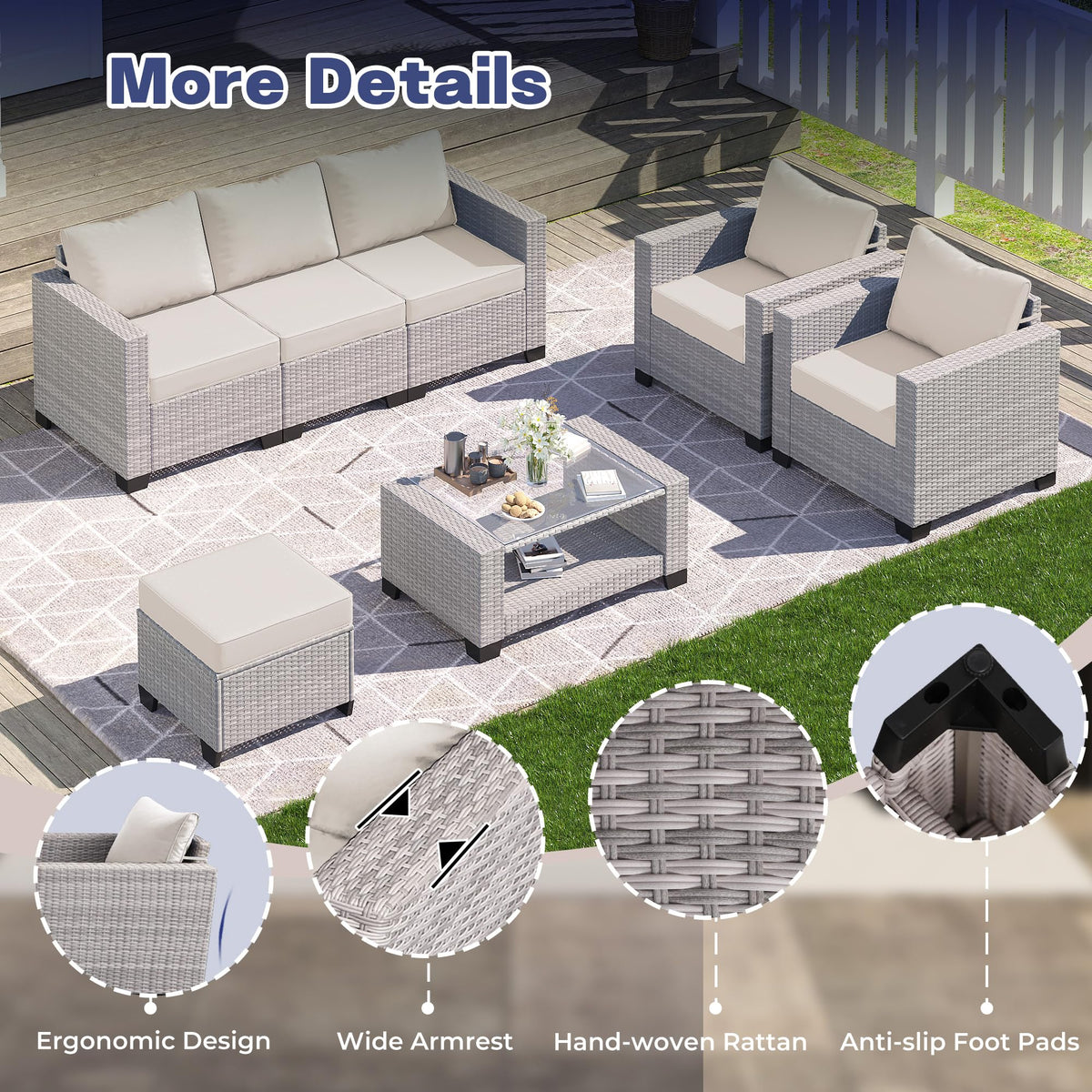 7 Piece Outdoor Patio Furniture Set, Outdoor Sectional Furniture, Rattan Chairs Glass Table Wicker Conversation Seating Sectional Sofa with Cushions (B-Grey White-Grey, B-7 Pieces-Tilted Back)