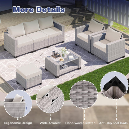 7 Piece Outdoor Patio Furniture Set, Outdoor Sectional Furniture, Rattan Chairs Glass Table Wicker Conversation Seating Sectional Sofa with Cushions (B-Grey White-Grey, B-7 Pieces-Tilted Back)