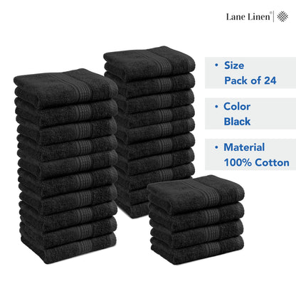 LANE LINEN 100% Cotton Washcloths 24 Pack - Spa & Salon Quality Face Towels - Ring Spun, Soft & Absorbent Wash Cloths for Body, Beauty, Home, Gym - Fingertip Towels Set- 13"x13", Black Washcloths