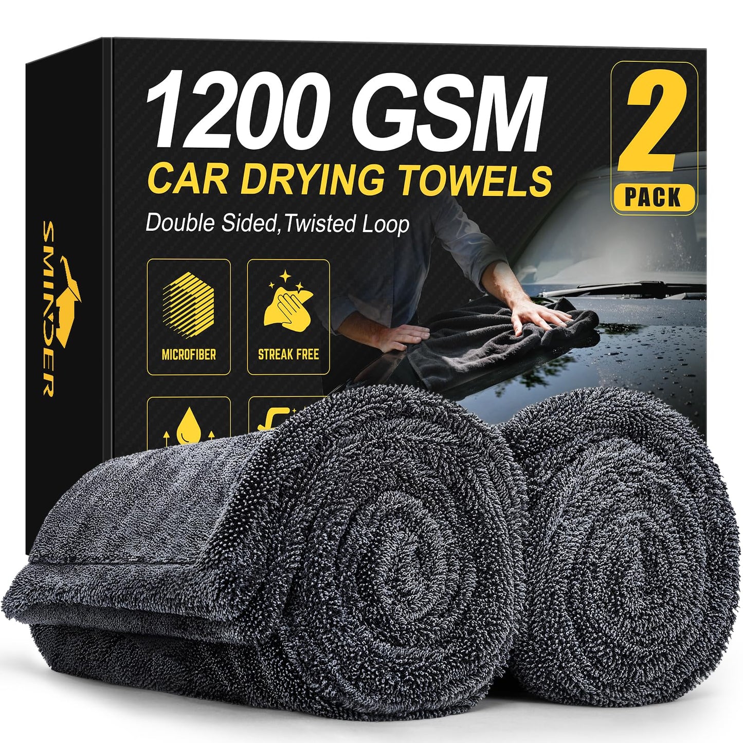 SMINDER 2-Pack 1200 GSM Car Drying Towels – Microfiber Towels for Cars (36" x 24"), Ultra-Absorbent, Streak-Free, Scratch-Free, No Water Spots, Double-Twist Pile & Edgeless Design